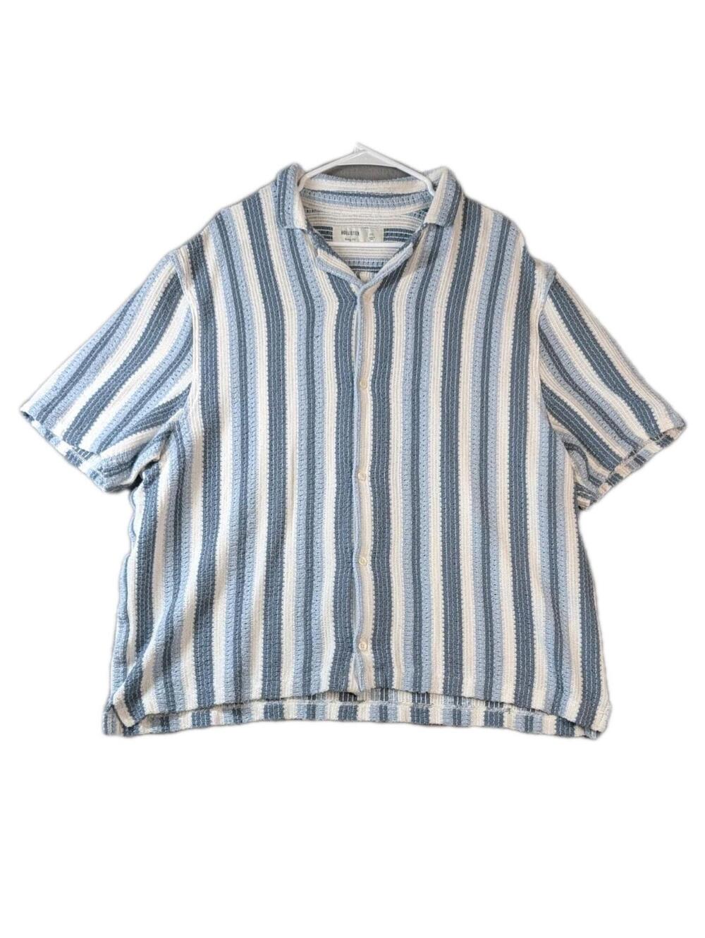 Hollister Mens XXL Blue White Striped Button Up Shirt Textured Soft Knit Summer